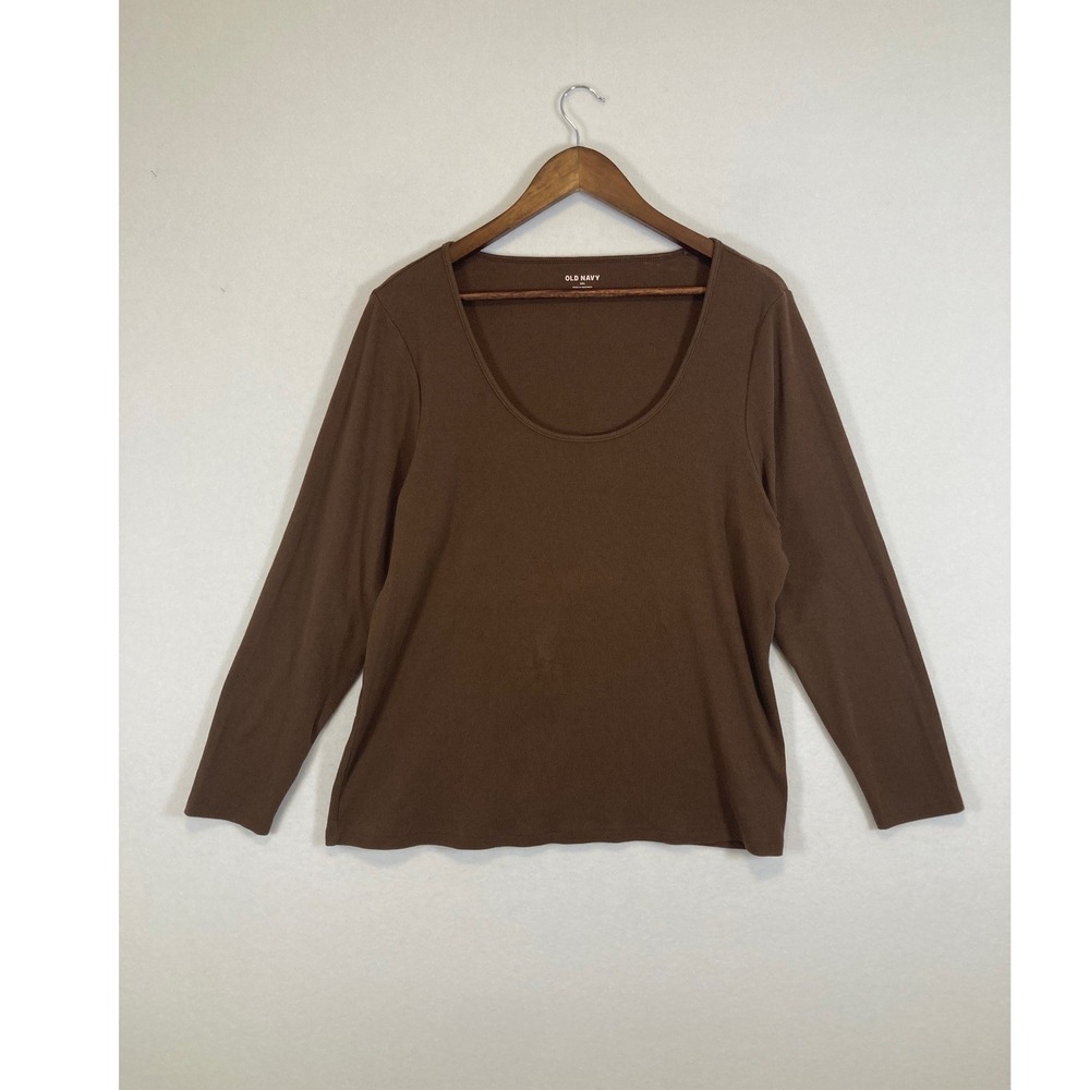 Old Navy Long Sleeve Top Womens XXL Brown Ribbed Scoop Neck Elevated Basic